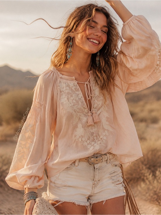 Free People Tops - Free People Pale Peach Embroidered Lightweight Cotton Peasant Blouse